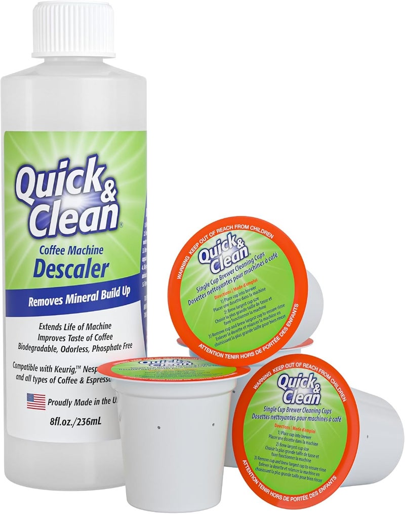 QUICK CLEAN 4-Pack of Cleaning Cups with Descaler Bundle (2 Total Uses) - 2.0 Compatible, Descaling Solution for Keurig, Nespresso, Ninja, Delonghi, All Coffee and Espresso Machines - Image 1